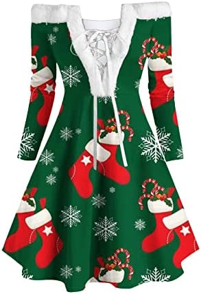 Tifzhadiao שמלות קוקטייל לחג המולד של נשים רצועות V צוואר מטושטש שמלת כתף חג המולד מודפס שמלת ברך נדנדה שמלה
