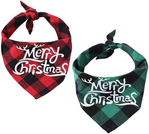 2 פאק כלב בנדנה לחג המולד משולש חיות מחמד צעיף אדום וירוק, עם צווארון חג המולד של 2 יחידות עניבת פרפר ופעמון לחתולים כלבים