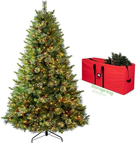 עץ חג המולד של אמואואזיס לפני מואר לפני מואר 7.5 רגל עם 750 אורות, עצי חג המולד של אורן מלאכותי, נוהרים בעיצוב חרוט אורן מלא אמיתי