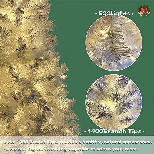 עץ חג המולד של 7.4 רגל עץ מלא ציר לבן, עם 500 פנסי LED, ענף PVC, עץ אורן חג המולד לחג מלאכותי לבית, משרד, מסיבה