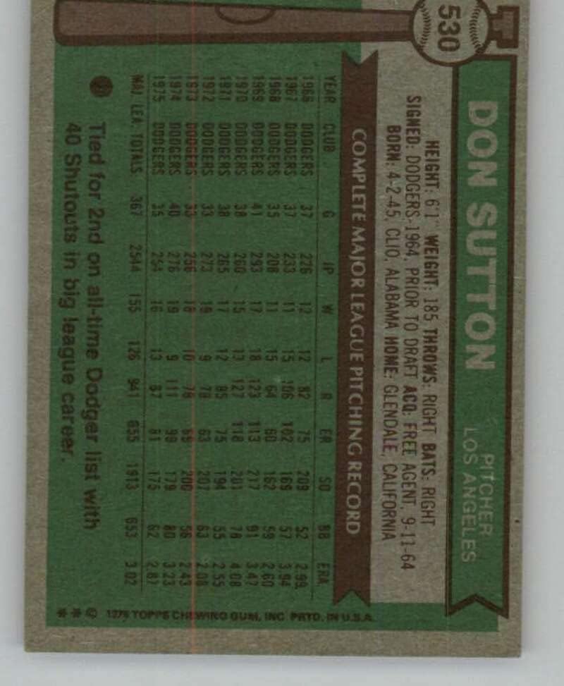 1976 Topps 530 דון סאטון לוס אנג'לס דודג'רס MLB כרטיס מסחר בייסבול