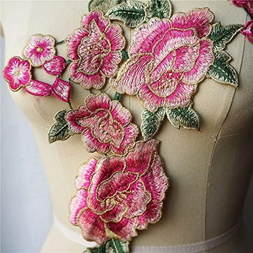 וולנוטה רקום אדמונית ורוד פרח עלה ירוק תחרה בד צווארון שמלת אפליקציות תפירה לקישוט חתונה שמלת DIY