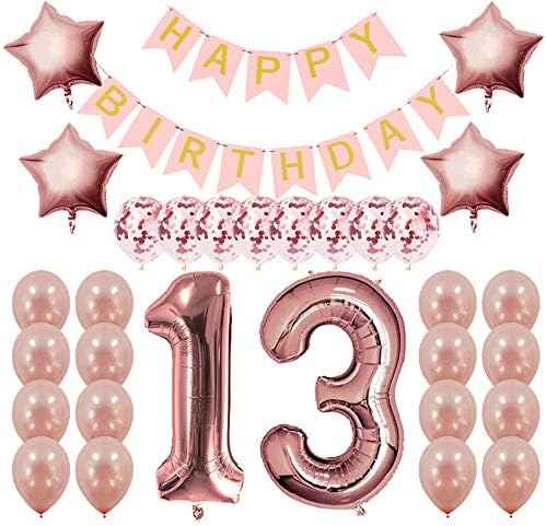 רוז זהב זהב 13 קישוטי יום הולדת אספקה ​​-13 מתנות ליום הולדת לבנות, כרזת יום הולדת 13 ובלונים