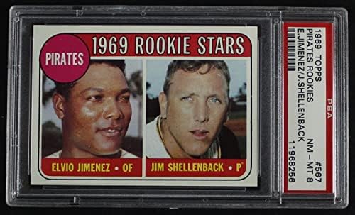 1969 Topps 567 Out Pirates Rookies Elvio Jimenez / Jim Shellenback Pittsburgh Pirates PSA PSA 8.00 שודדי ים