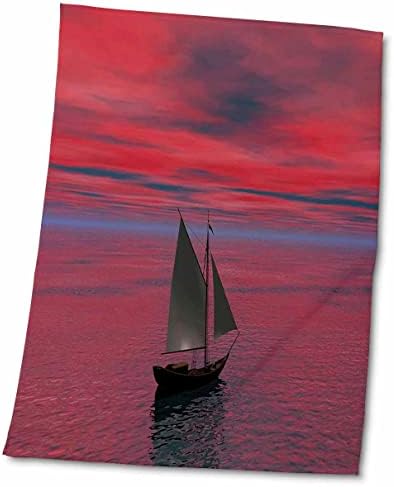 תמונת 3 של סירת מפרש על מים סגולים אדומים המשקפים שקיעה - מגבות