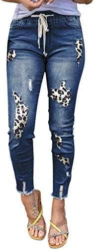 חורי הדפסת נמר לנשים במכנסי הג'ינס המותניים האלסטי