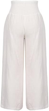 יוז'יה נשים מכנסי פשתן אלסטיים מותניים גבוהים רגל רחבה מכנסי טרקלין פלאצו מכנסיים זורמים זורמים מכנסי חוף עם כיסים