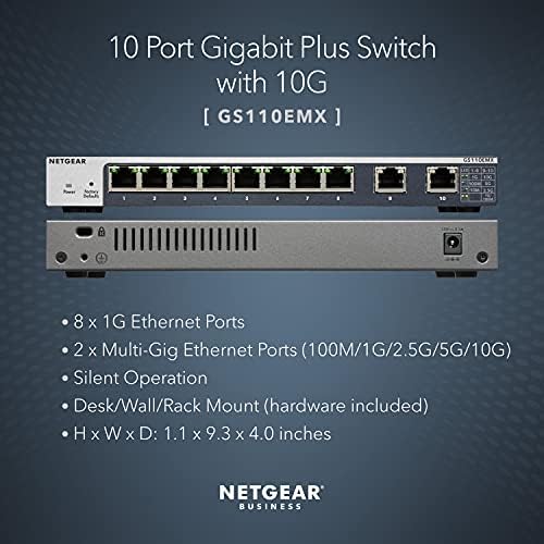 NetGear 10-Port Gigabit/10G Ethernet Plus מתג-מנוהל, עם 8 x 1g, 2 x 10 גרם/רב-גיג, שולחן עבודה, קיר או מתלה והגנה מוגבלת לכל החיים