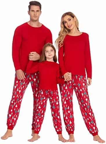 Akouaer Family תואם פיג'מה בגדי שינה לחג המולד חולצת שינה עם שרוול ארוך עם מכנסיים משובצים
