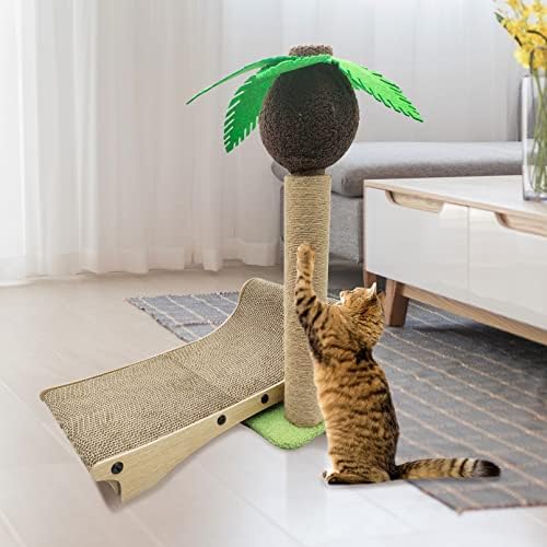 עמוד גירוד לחתול עם כיסא חוף, עמוד גירוד לחתול עץ קוקוס בגובה 21.5 אינץ ' עם כדור תלוי, עמוד גירוד חבל סיסל לחתולים מקורה בכל הגילאים