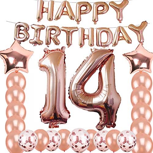 ציוד לקישוט יום הולדת 14 ציוד למסיבות, בלוני נייר כסף זהב ג'מבו ורד לאספקת מסיבות יום הולדת, קישוטים לאירועי יום השנה וקישוטי סיום מתוקים 14 מסיבה, 14 שנה להיווסדו